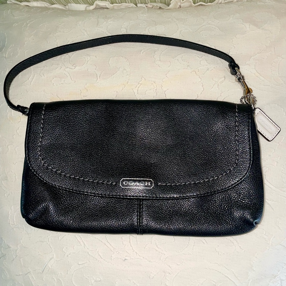 Coach Black Leather Wristlet with Silver Hardware